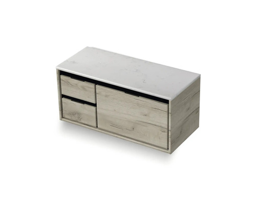 Skříňka pod umyvadlo se dvěma zásuvkami a odkládací plochou ve vzhledu dřeva