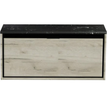 Skříňka pod umyvadlo s dřevěným dekorem a černou pracovní deskou