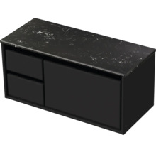 Černá skříňka pod umyvadlo se dvěma zásuvkami a kamennou deskou
