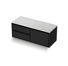 Černá skříňka pod umyvadlo se dvěma zásuvkami a kamennou deskou