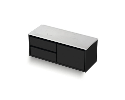 Černá skříňka pod umyvadlo se dvěma zásuvkami a kamennou deskou