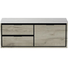 Skříňka pod umyvadlo se dvěma zásuvkami a jedněmi dvířky s dřevěným vzhledem a bílou deskou umyvadla