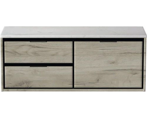 Skříňka pod umyvadlo se dvěma zásuvkami a jedněmi dvířky s dřevěným vzhledem a bílou deskou umyvadla