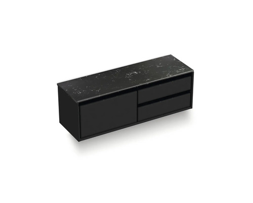 Černá skříňka pod umyvadlo se zásuvkami a odkládací plochou