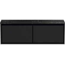 Černá skříňka pod umyvadlo se dvěma dvířky a kamennou deskou