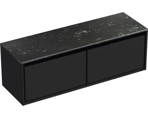 Černá skříňka pod umyvadlo se dvěma zásuvkami a mramorovou deskou