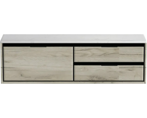 Koupelnová skříňka pod umyvadlo Sanox Loft craft oak 161 x 47 x 46 cm Skříňka pod umyvadlo se zásuvkami a mramorovou deskou