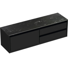 Skříňka pod umyvadlo se dvěma zásuvkami a deskou s mramorovým vzhledem.