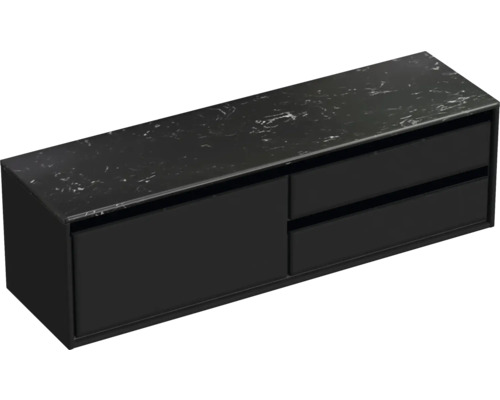 Skříňka pod umyvadlo se dvěma zásuvkami a deskou s mramorovým vzhledem.