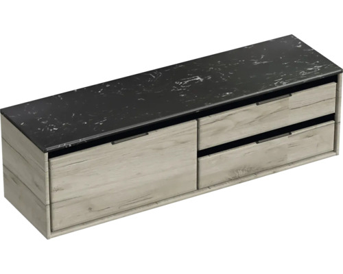 Skříňka pod umyvadlo se dvěma zásuvkami a tmavou umyvadlovou deskou