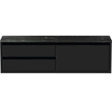 Černá skříňka pod umyvadlo se dvěma zásuvkami a dvěma dvířky pod mramorovou deskou