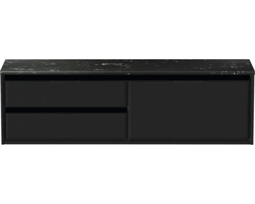 Černá skříňka pod umyvadlo se dvěma zásuvkami a dvěma dvířky pod mramorovou deskou