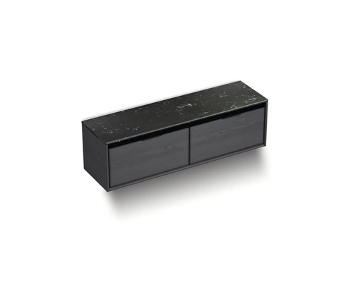 Černá závěsná skříňka se dvěma zásuvkami a mramorovou deskou