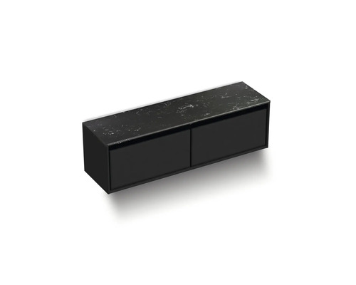 Černá závěsná spodní skříňka se dvěma zásuvkami a mramorovou deskou