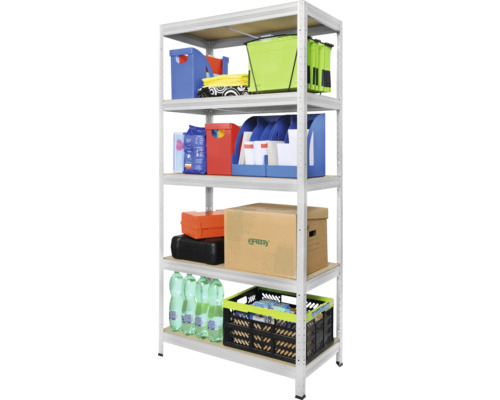 Regál s pěti policemi a různými úložnými boxy