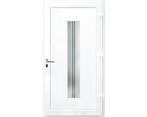 Bílé vchodové dveře se skleněnou výplní a rovnými liniemi