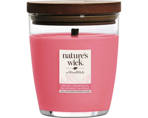 Vánoční svíčka ve skle WoodWick Nature's Wick tumbler střední SALT WATERMELON 286 g Vonná svíčka Nature''s Wick Sea Salt Watermelon ve sklenici s dřevěným víčkem