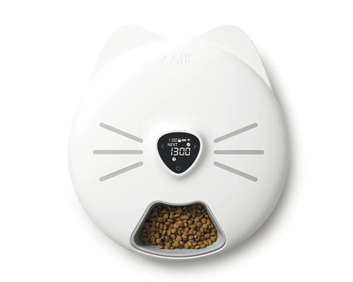 Automatický podavač krmiva pro kočky ve tvaru kočky s digitálním ukazatelem času a miskou na krmivo