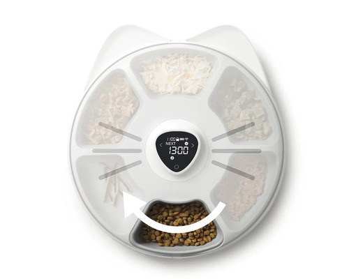 Automatický podavač krmiva pro kočky s několika přihrádkami a digitálním zobrazením času