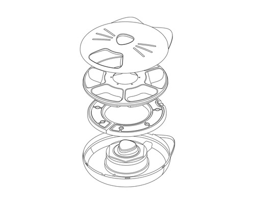 Rozkreslený pohled na automatický podavač krmiva pro kočky s víkem ve tvaru kočky