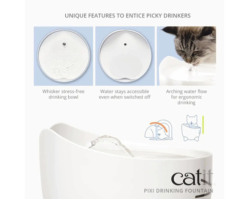 Fontána na pití Catit Pixi s funkcemi pro vybíravé pijáky, včetně misky na pití bez stresu
