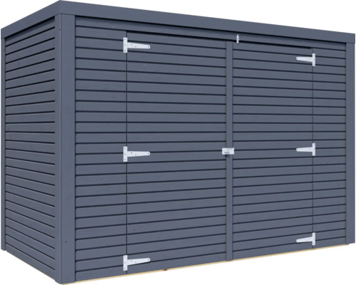 Dřevěná kůlna na nářadí s dvoukřídlými dveřmi a kováním