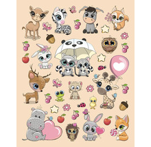 Ilustrace s různými kreslenými zvířaty, včetně velblouda, zebry, osla, veverky, zajíce, mývalů, pandy, sovy, jelena, hrocha, žáby, kočky, kuřátka, žirafy, ježka a lišky