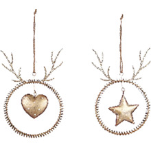 Dvě dekorativní vánoční ozdoby ve tvaru srdce a hvězdy s parožím