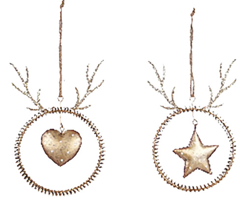 Závesná dekorace s parožím zlatá, různé druhy Dvě dekorativní vánoční ozdoby ve tvaru srdce a hvězdy s parožím