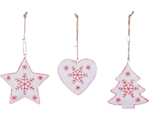 Dekorace závěsné kovové, různé druhy Sada ozdob na vánoční stromeček s hvězdou, srdcem a jedlí k zavěšení