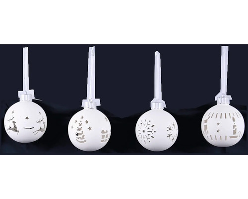 LED ozdoba SNOWBALL, různé druhy Čtyři bílé vánoční koule s různými vánočními výřezy
