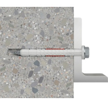 Upevňovací prvek v betonové stěně s upevněným úhelníkem.