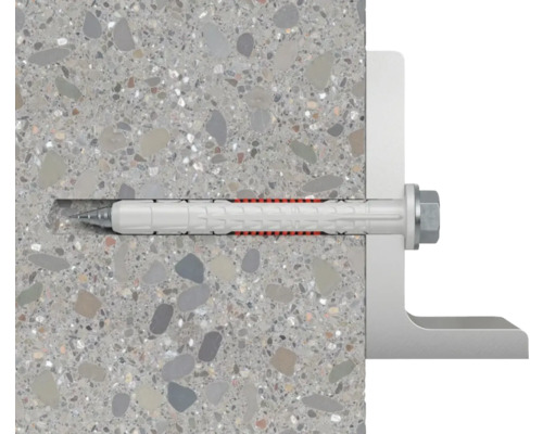 Upevňovací prvek v betonové stěně s upevněným úhelníkem.