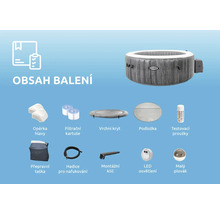 Obsah balení vířivky s opěrkou hlavy, filtračními kartušemi, krytem, podložkou, testovacími proužky, přepravní taškou, hadicí pro nafukování, montážním klíčem, LED osvětlením a malým plovákem