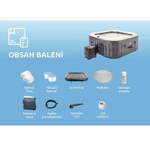 Obsah balení vířivky Intex: opěrka hlavy, filtrační kartuše, horní kryt, podložka, testovací proužky, přepravní taška, hadice pro nafukování, montážní klíč a LED osvětlení