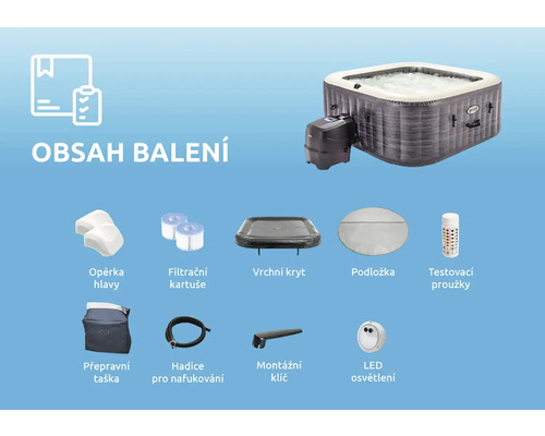 Obsah balení vířivky Intex: opěrka hlavy, filtrační kartuše, horní kryt, podložka, testovací proužky, přepravní taška, hadice pro nafukování, montážní klíč a LED osvětlení