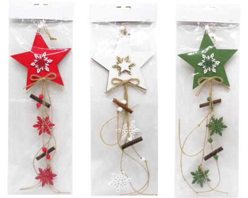 Závěs hvězda COMET dřevo bílá/červená Ozdobné hvězdicové přívěsky v červené, bílé a zelené barvě