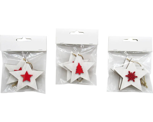Hvězda závěsná dřevěná bílo-červená, různé motivy Dřevěné hvězdy se závěsem v sáčku na vánoční dekorace