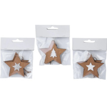 Dřevěné hvězdy se zimními motivy v obalu jako vánoční dekorace