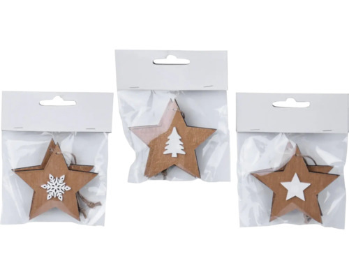 Ozdoba závěsná, různé druhy Dřevěné hvězdy se zimními motivy v obalu jako vánoční dekorace
