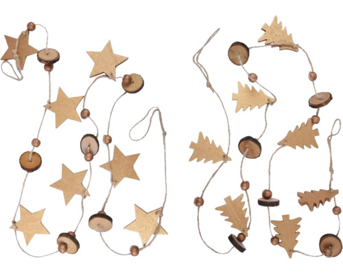 Girlanda dřevěná zlatá Girlanda s hvězdami, vánočními stromky, dřevěnými kotouči a kuličkami