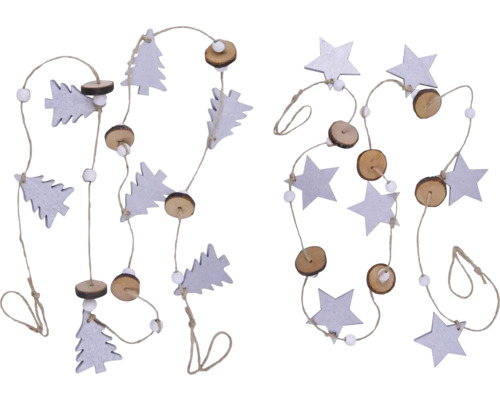 Girlanda s hvězdami, stromy, dřevěnými disky a kuličkami