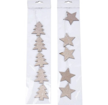 Balené dekorativní dřevěné přívěsky s motivy stromů a hvězd