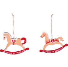 Dva dřevění houpací koně s nápisem ''Veselé Vánoce'' jako vánoční ozdoba