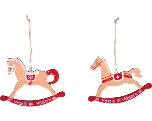 Dva dřevění houpací koně s nápisem ''Veselé Vánoce'' jako vánoční ozdoba