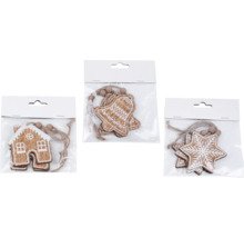 Dřevěné ozdoby na vánoční stromeček ve tvaru domu, zvonku a hvězdy