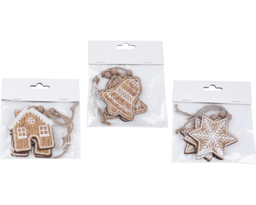 Dřevěné ozdoby na vánoční stromeček ve tvaru domu, zvonku a hvězdy