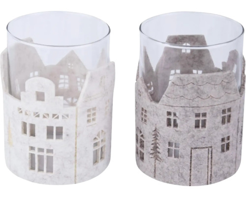 Svícen domečky, různé barvy Dvě skleněné svítilny s plstěným okrajem ve tvaru domu
