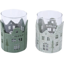 Dva skleněné držáky na čajové svíčky s plstěným lemem v designu domu