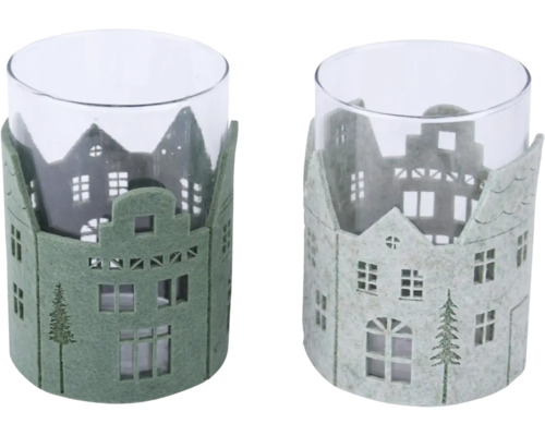 Svícen s domečky Dva skleněné držáky na čajové svíčky s plstěným lemem v designu domu